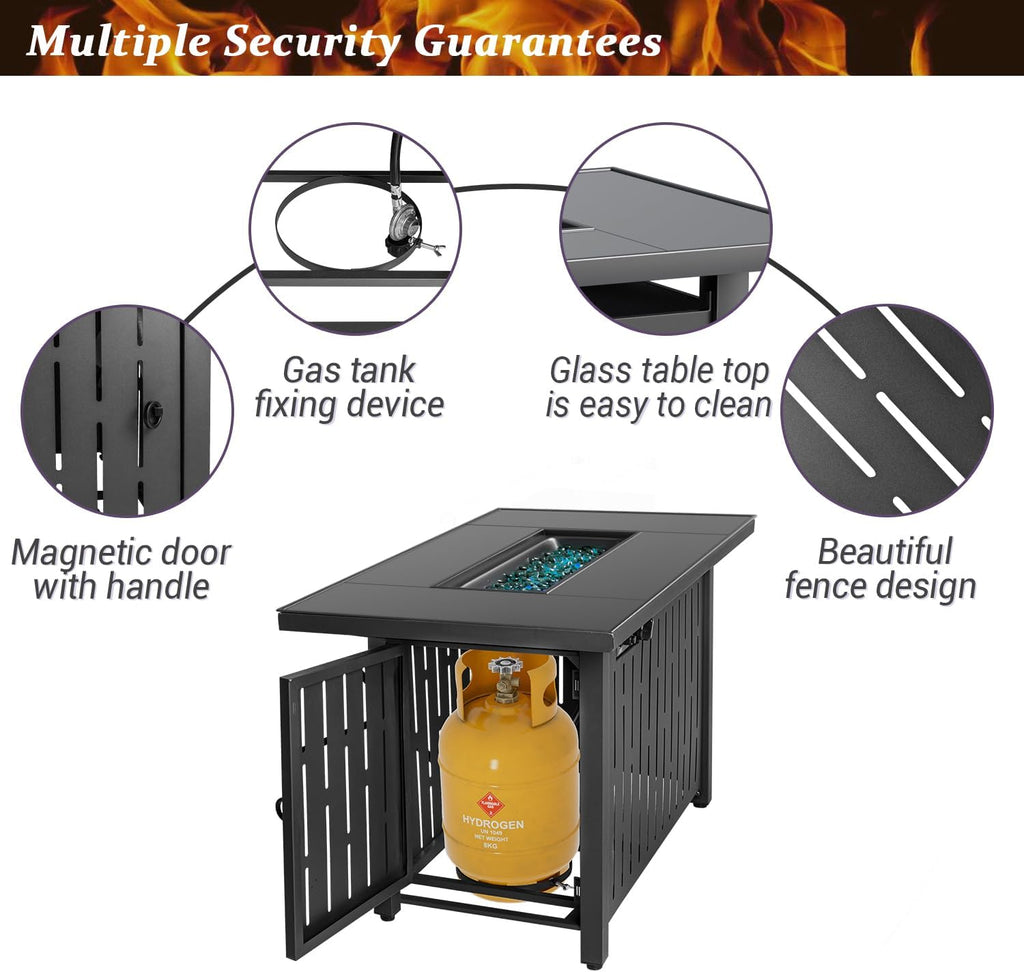 44" Propane Gas Fire Pit Table 50,000 BTU Outdoor Rectangular Firepit with Lid, Rain Cover for outside Garden Backyard Deck Patio, Black