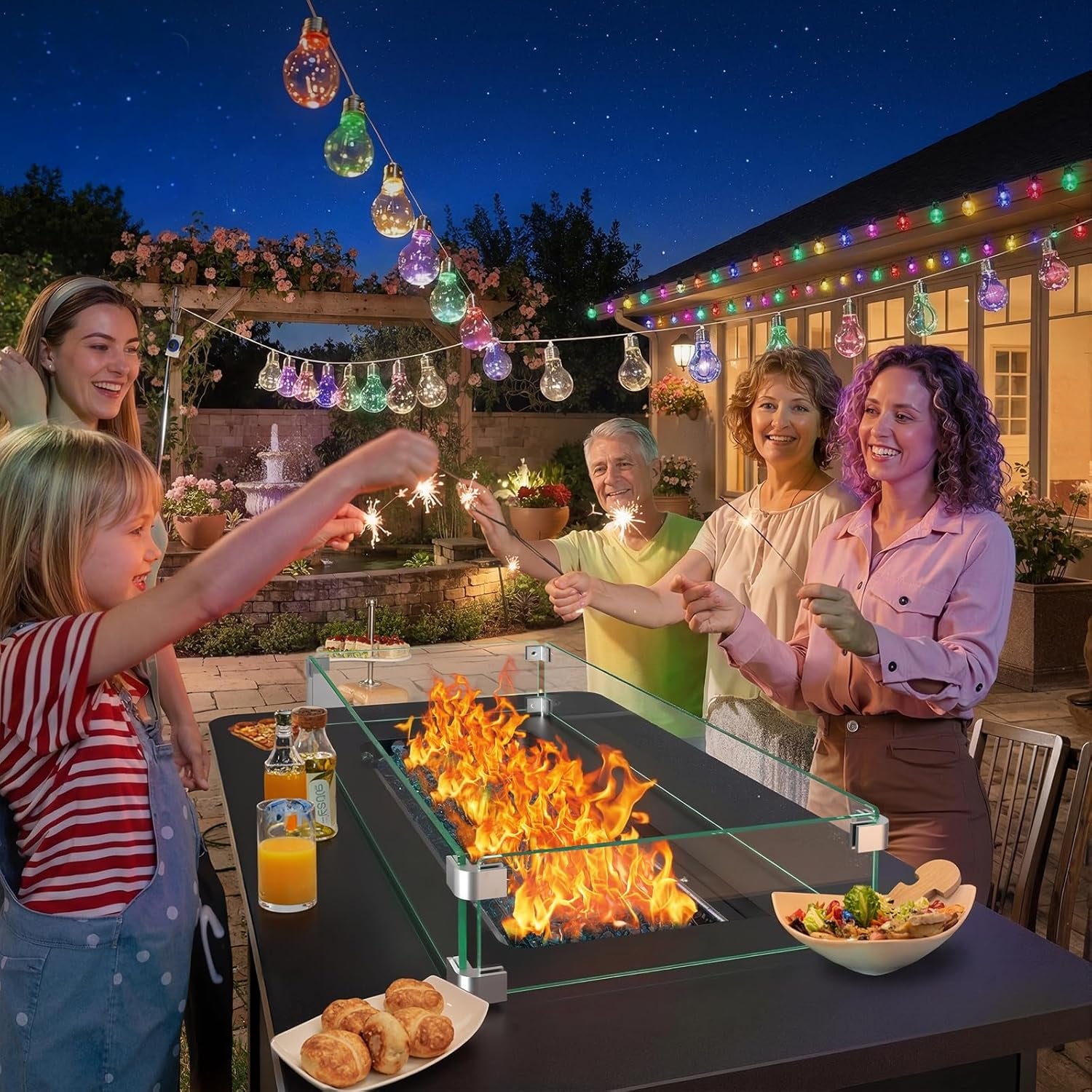 43" Rectangular Propane Fire Pit with RGB Lighting Strip – 60,000 BTU Gas Fire Pit Table, Glass Stones, Wind Guard, Adjustable Flame, Outdoor Fire Pit for Patio & Garden, Black