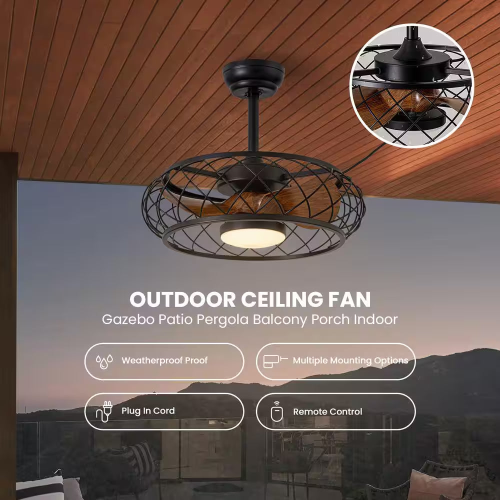 21 In. Smart Indoor/Outdoor Industrial Black Caged Plug-In Ceiling Fans with Dimmable LED with Remote Included