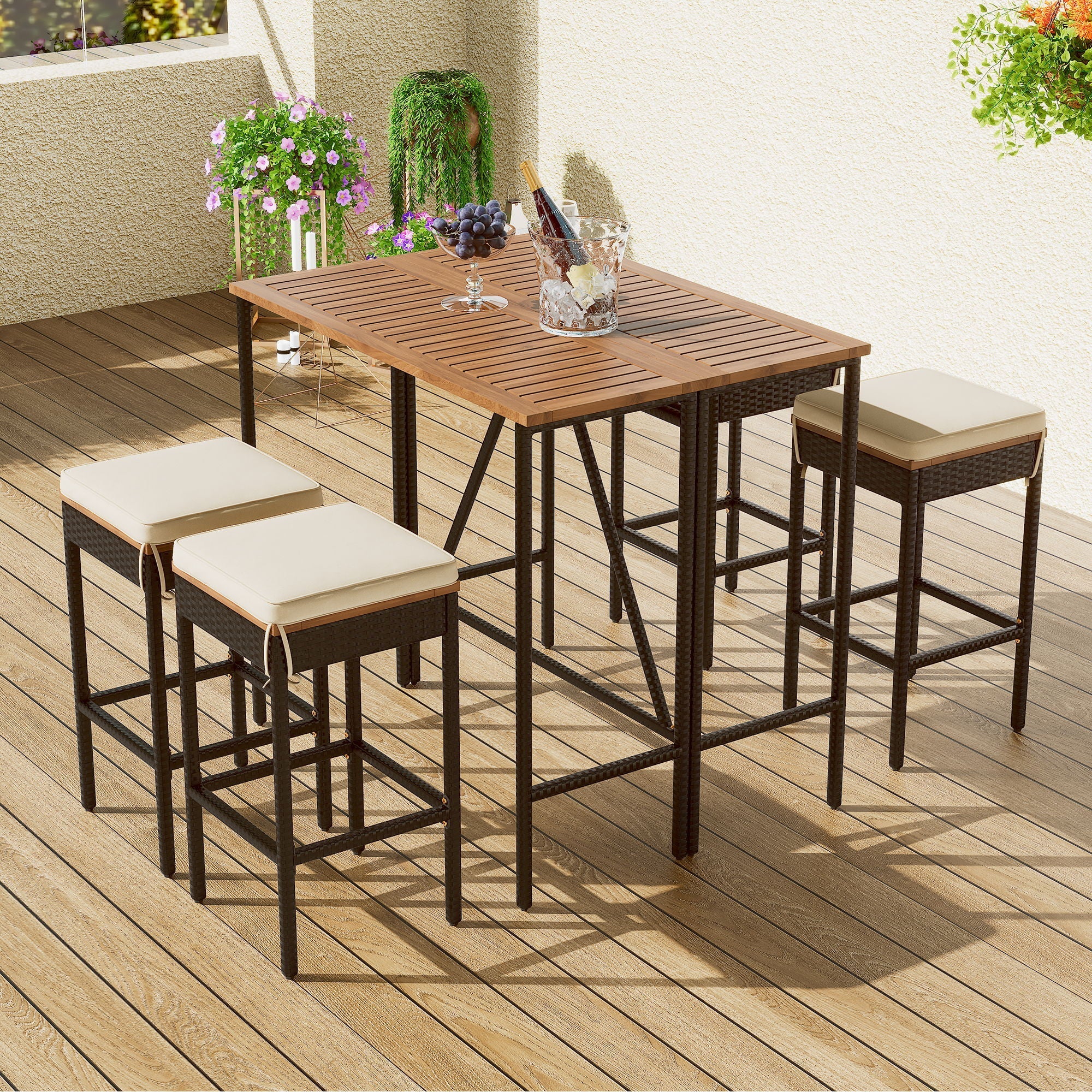 9-Piece Outdoor Acacia Wood Bar Height Dining Set | Table + 8 Cushioned Stools