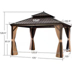 12 Ft. X 12 Ft.Bronze Patio Outdoor Gazebo for Backyard Hardtop Aluminum Frame with Hook,Netting,Khaki Curtain,24-Lights