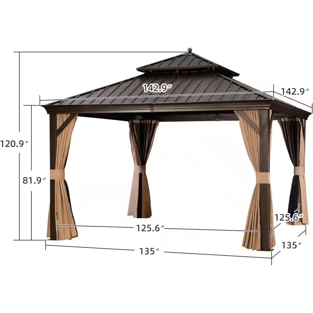 12 Ft. X 12 Ft.Bronze Patio Outdoor Gazebo for Backyard Hardtop Aluminum Frame with Hook,Netting,Khaki Curtain,24-Lights