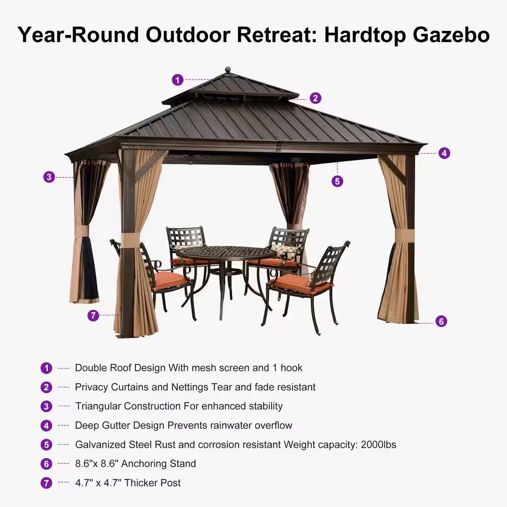 12 Ft. X 12 Ft.Bronze Patio Outdoor Gazebo for Backyard Hardtop Aluminum Frame with Hook,Netting,Khaki Curtain,24-Lights
