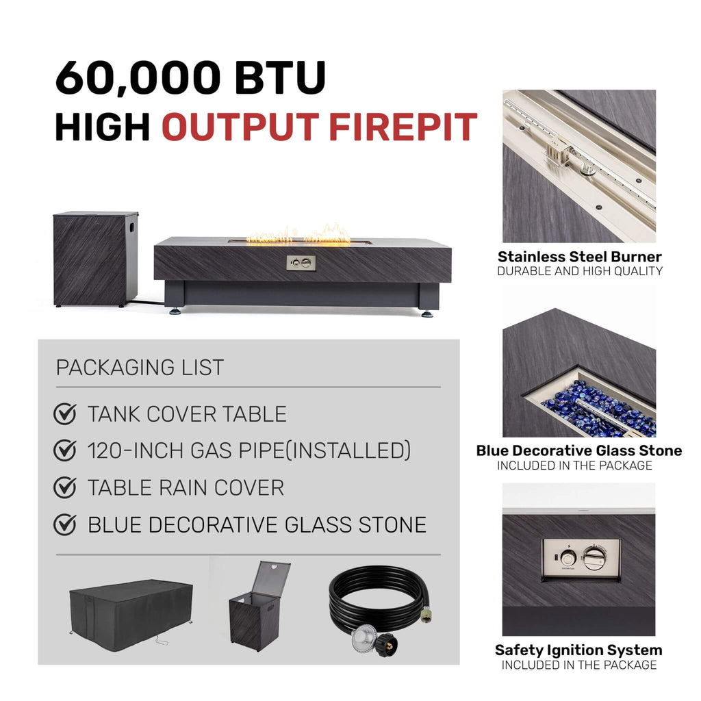 Alora Premium 60-Inch Rectangular Outdoor Modern Propane Fire Pit Table with Rain Cover