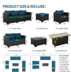 Patio Furniture Set 45-Inch Outdoor Fire Pits 8 PCS Outdoor Furniture Sets Patio Couch Outdoor Chairs 60000BTU Outdoor Propane Fire Pit Table No-Slip Cushions and Waterproof Covers, Peacock Blue