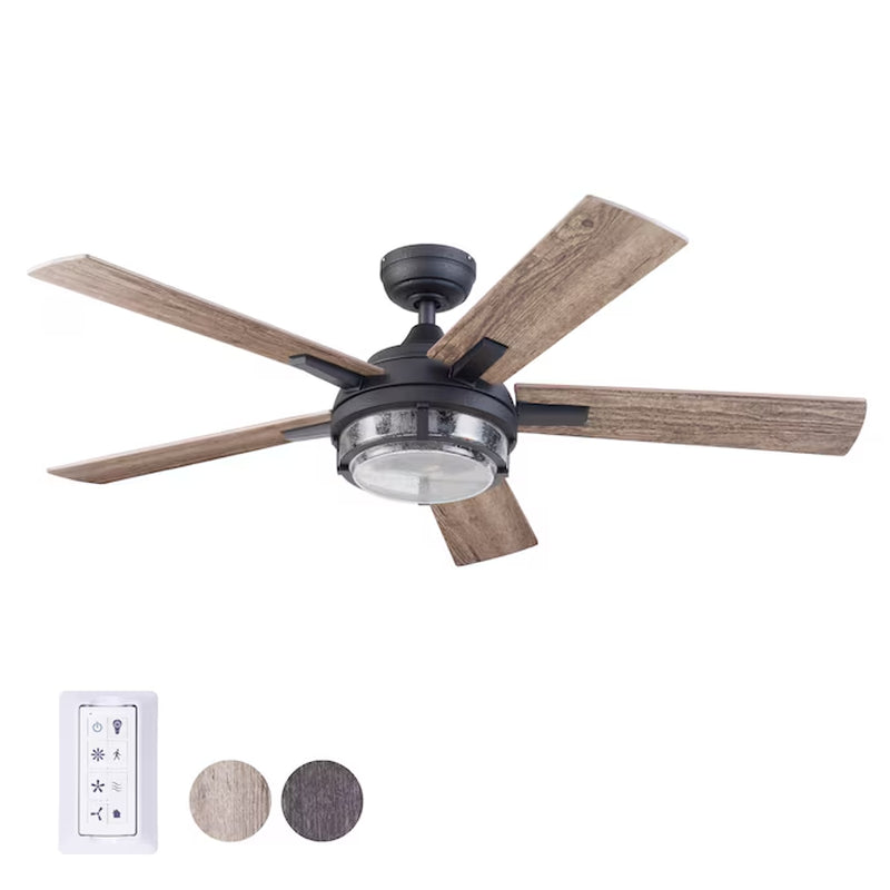 Summersville 52-In Textured Black with Driftwood/Auburn Blades Covered Outdoor Ceiling Fan with Light and Remote Control Included 5 -Blade