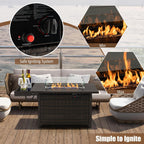 Patio Propane Fire Pit Table, 52 Inch Wicker Gas Fire Pit with Wind Guard & Extended Shelf, 50,000 BTU Heat Output, Rectangular Fire Table with Blue Fire Stone & Waterproof Cover (Brown)