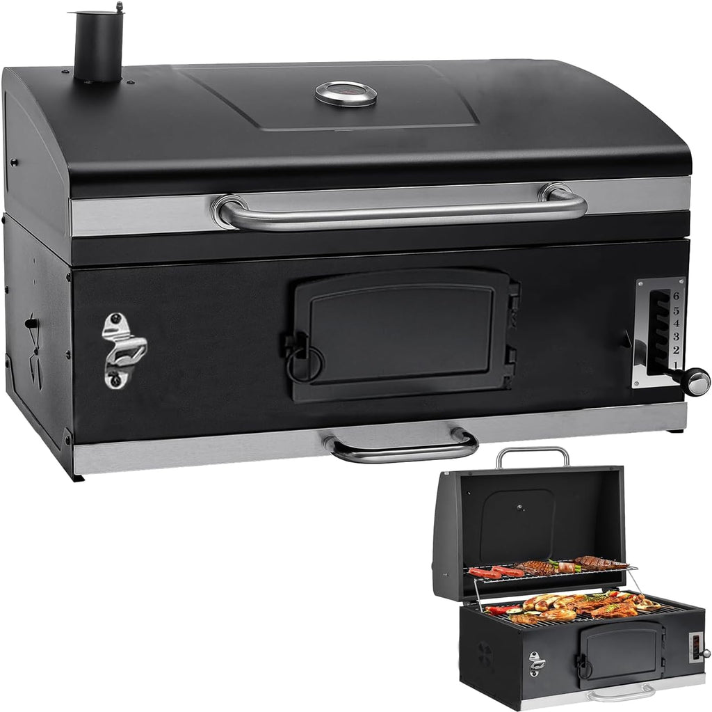 29 In Large Charcoal BBQ Grills, built-in barbecue grill with Liftable Tray, Insulated Hood & Temp Gauge, black Stainless Steel Charcoal BBQ barrel Grill for Outdoor Kitchen Camping park style