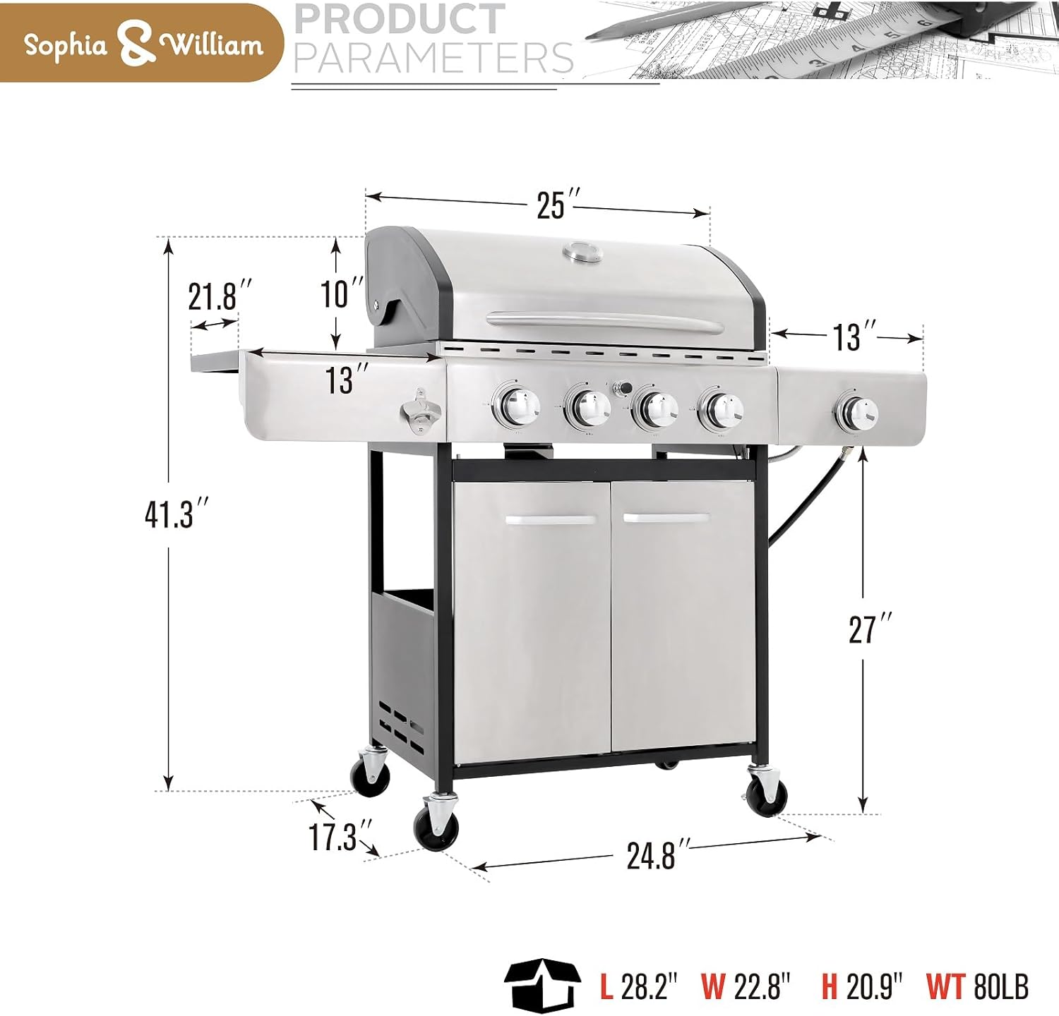Sophia & William 4-Burner Propane Gas BBQ Grill with Side Burner and Porcelain-Enameled Cast Iron Grates, Stainless Steel Barbecue Grills Outdoor Cooking, Silver Cabinet Style, 42,000BTU