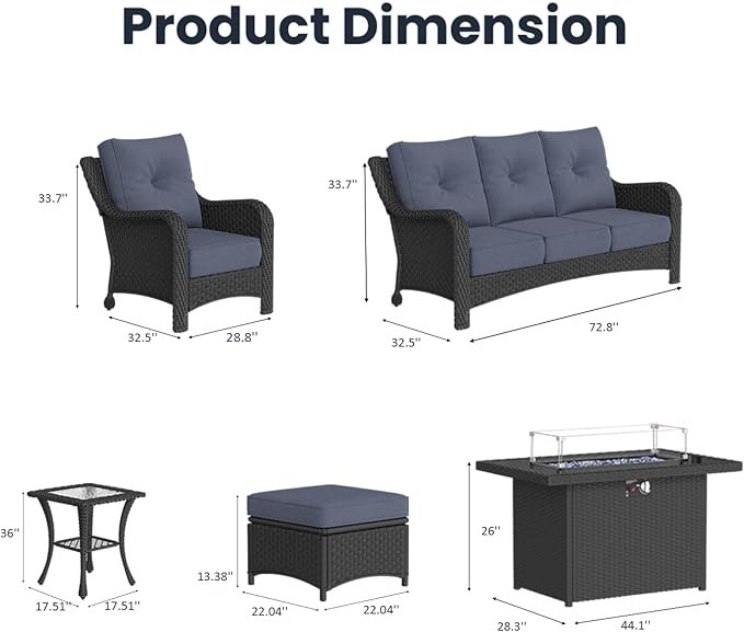 7-Pieces Outdoor Patio Furniture Sets with Single Chairs with 6-inch Thick Cushion and Fire Pit Table for Deck Lawn