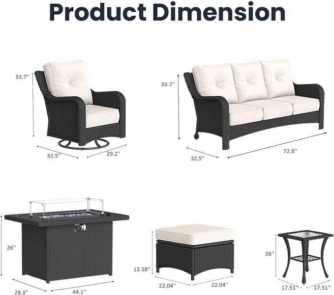 10-Pieces Outdoor Patio Furniture Sets with Rocking Swivel Chairs with 6-inch Thick Cushion and Fire Pit Table for Deck Lawn