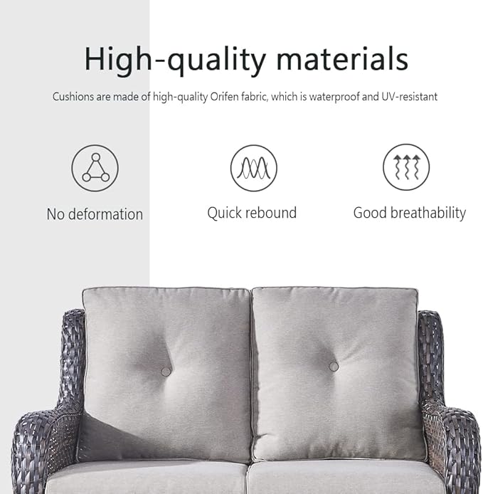 5-Piece Outdoor Patio Furniture Set - Wicker Furniture Patio Conversation Set, Outdoor Swivel Rocker Chairs with Loveseat Sofa and 2 Ottomans for Small Space, Gray Cushion