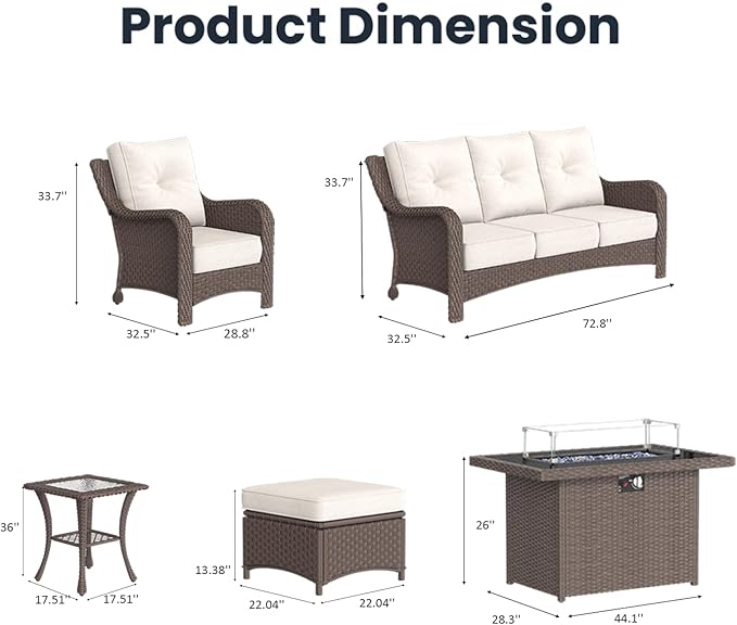7-Pieces Outdoor Patio Furniture Sets with Single Chairs with 6-inch Thick Cushion and Fire Pit Table for Deck Lawn