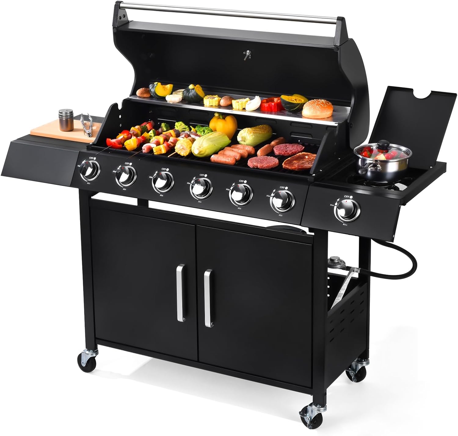 Q032-6-Burner w/Side Burner Gas Grill with 403 SQ.IN. Outdoor Grill with 60,000 BTU, Propane Grills with Top Cover Lid, Grills Outdoor Cooking for Patios, Balcony, Camping, Garden