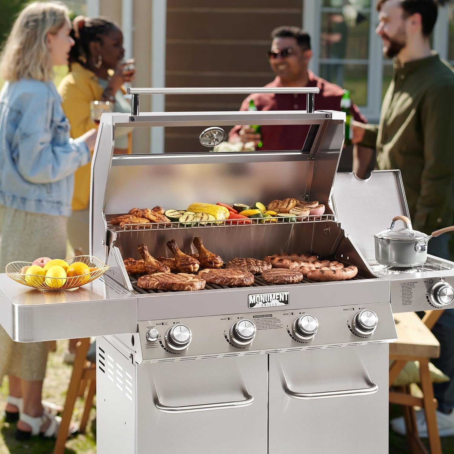 Larger Convertible 4 Burner Natural Gas Grill Stainless Steel Cabinet Style Propane Grills, LED Controls,Side Burner(Without Conversion Kit)