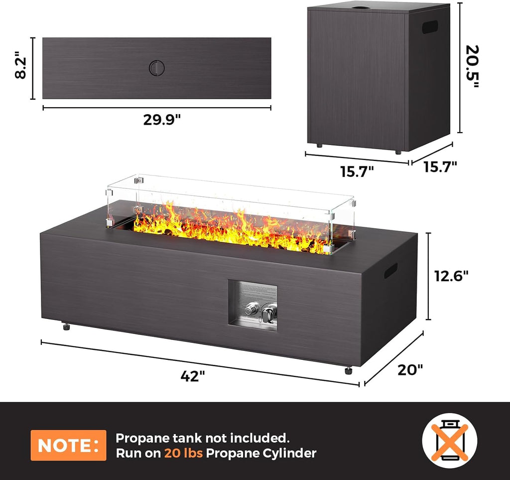 Fire Pit Table 42In Propane Fire Pit 50,000 BTU Rectangular Gas Fire Pits with Wind Guard Propane Tank Cover Table Lava Rocks for Outdoor outside Patio