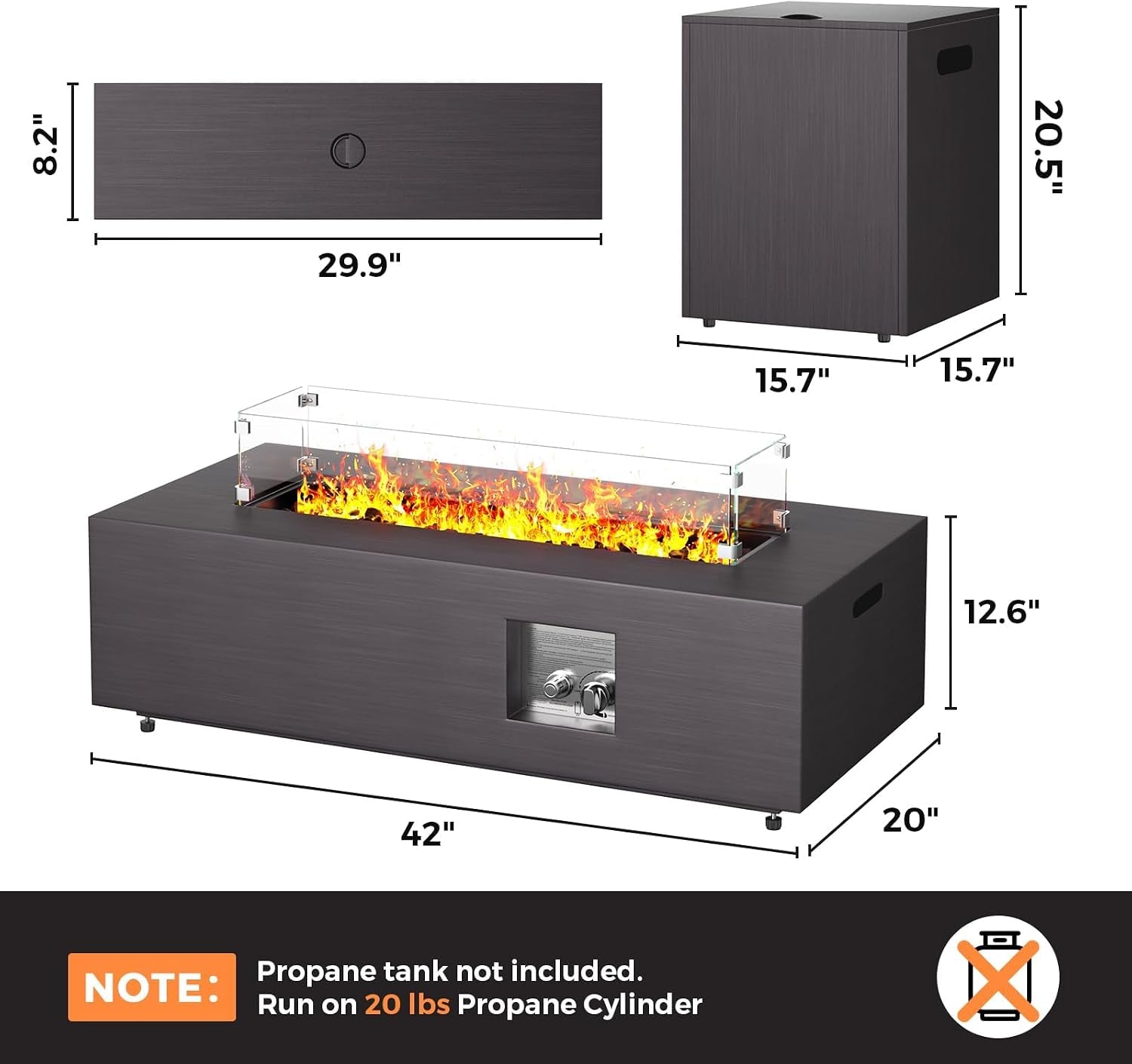 Fire Pit Table 42In Propane Fire Pit 50,000 BTU Rectangular Gas Fire Pits with Wind Guard Propane Tank Cover Table Lava Rocks for Outdoor outside Patio