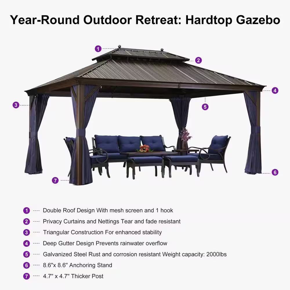 11 Ft. X 15 Ft. Bronze Patio Outdoor Gazebo for Backyard Hardtop Aluminum Frame, Hooks Netting Blue Curtain 24-Lights