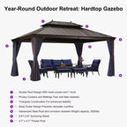 11 Ft. X 15 Ft. Bronze Patio Outdoor Gazebo for Backyard Hardtop Aluminum Frame, Hooks Netting Blue Curtain 24-Lights