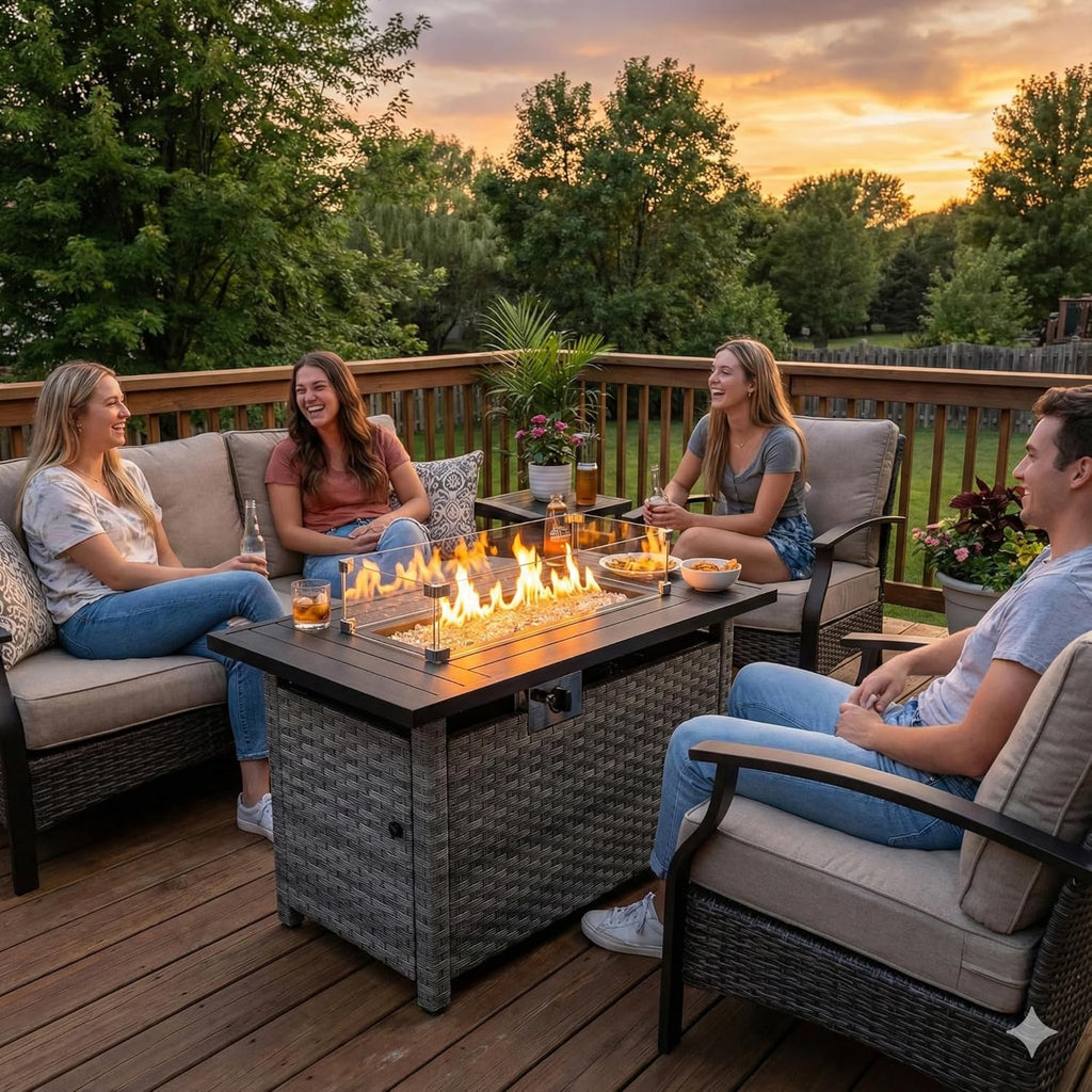 44" Fire Pit Table with Wind Guard for Outdoor, Auto-Ignition Propane Gas Firepits Rattan Rectangular Table for outside Patio 60,000 BTU, Gray