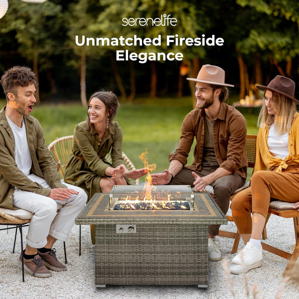 Outdoor Propane Fire Pit Table, 50,000 BTU Wicker Gas Firepit with Tile Tabletop, with Glass Wind Guard and Decorative Glass Stones, CSA Certified, Weatherproof Cover, 43"X27"X25"