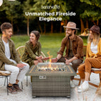 Outdoor Propane Fire Pit Table, 50,000 BTU Wicker Gas Firepit with Tile Tabletop, with Glass Wind Guard and Decorative Glass Stones, CSA Certified, Weatherproof Cover, 43"X27"X25"