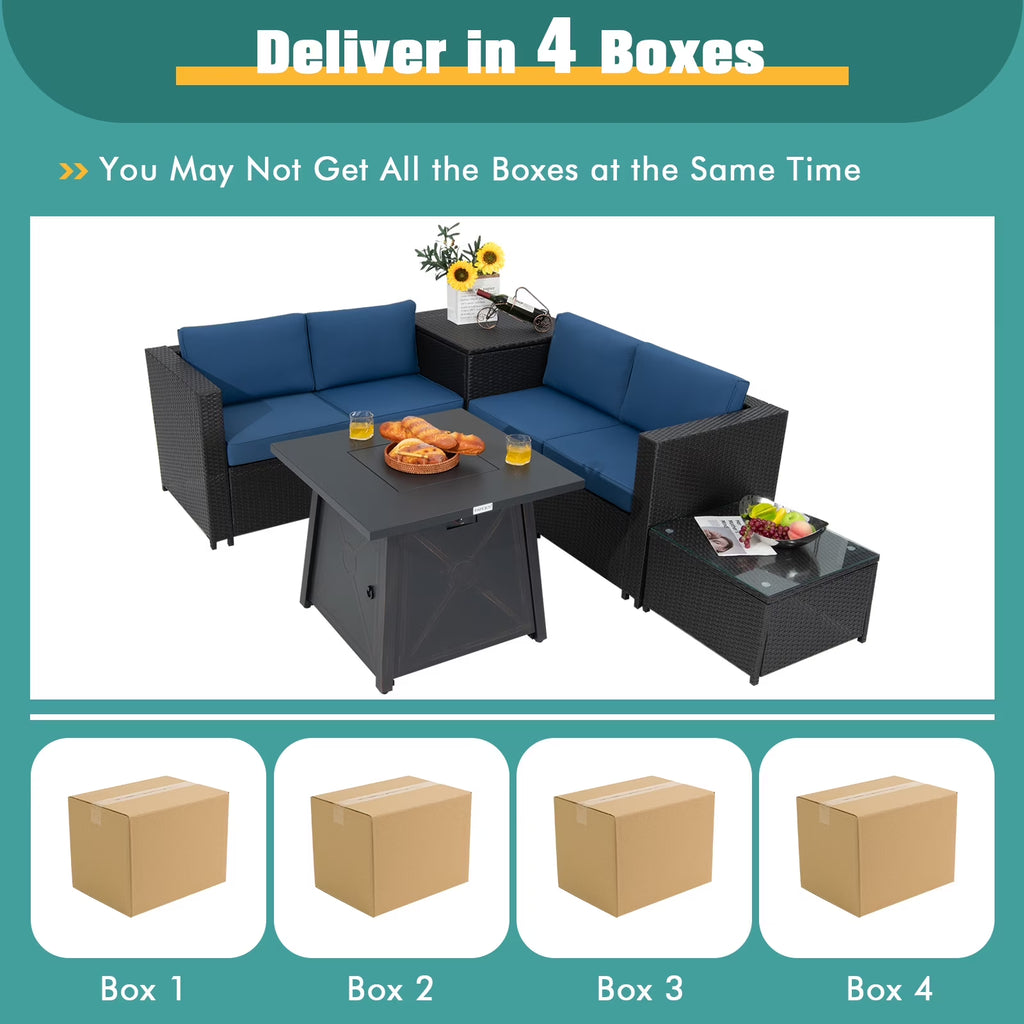 5-Piece Outdoor Patio Furniture Set with 50,000 BTU Propane Fire Pit Table Patio PE Wicker Conversation Set with Cushions Storage Box and Tempered Glass Coffee Table Navy