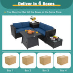 5-Piece Outdoor Patio Furniture Set with 50,000 BTU Propane Fire Pit Table Patio PE Wicker Conversation Set with Cushions Storage Box and Tempered Glass Coffee Table Navy