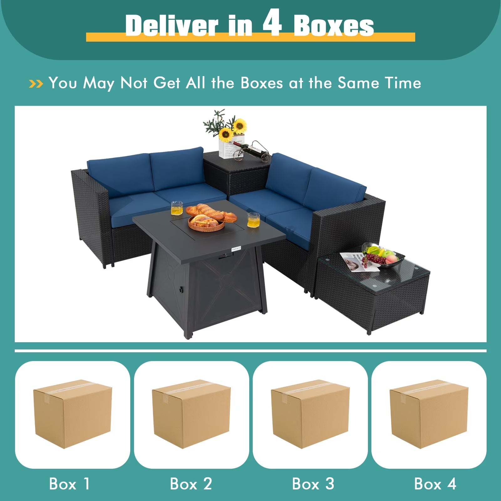 5-Piece Outdoor Patio Furniture Set with 50,000 BTU Propane Fire Pit Table Patio PE Wicker Conversation Set with Cushions Storage Box and Tempered Glass Coffee Table Navy