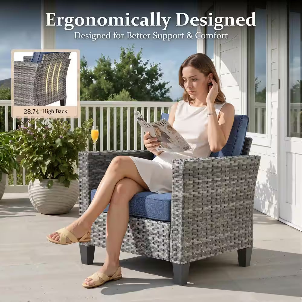 New Vultros Gray 7-Piece Wicker Outdoor Patio Conversation Seating Set with Blue Cushions