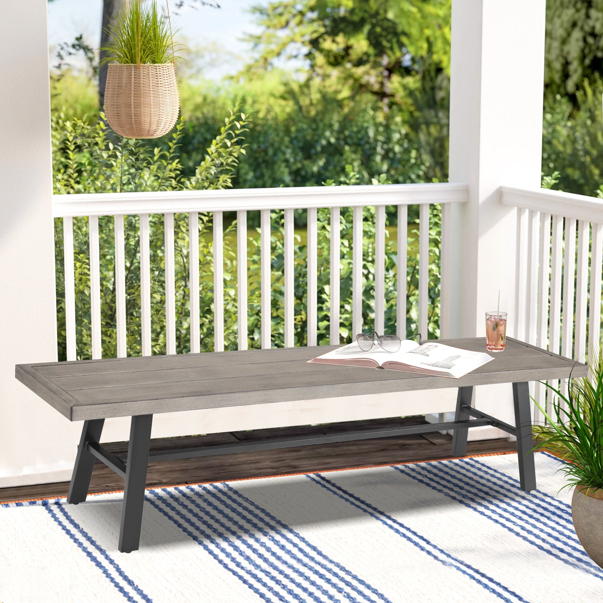 3- Piece Patio Dining Set Outdoor Aluminum Rectangular Dining Table and Steel Outdoor Bench