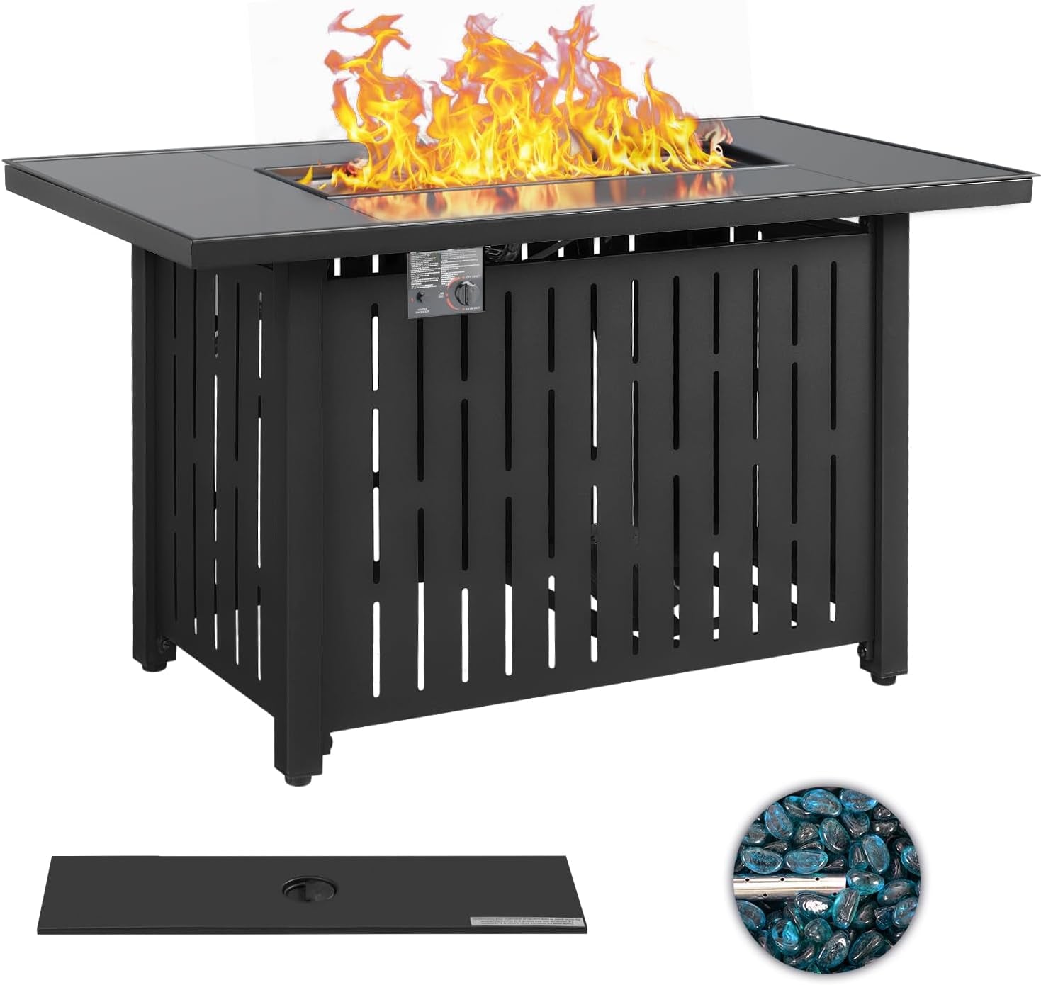 44" Propane Gas Fire Pit Table 50,000 BTU Outdoor Rectangular Firepit with Lid, Rain Cover for outside Garden Backyard Deck Patio, Black