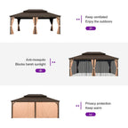 14 Ft.X 20 Ft.Bronze Aluminum Power-Coated Frame Galvanized Steel Double Roof Hardtop Gazebo,Hooks,Netting,Khaki Curtain