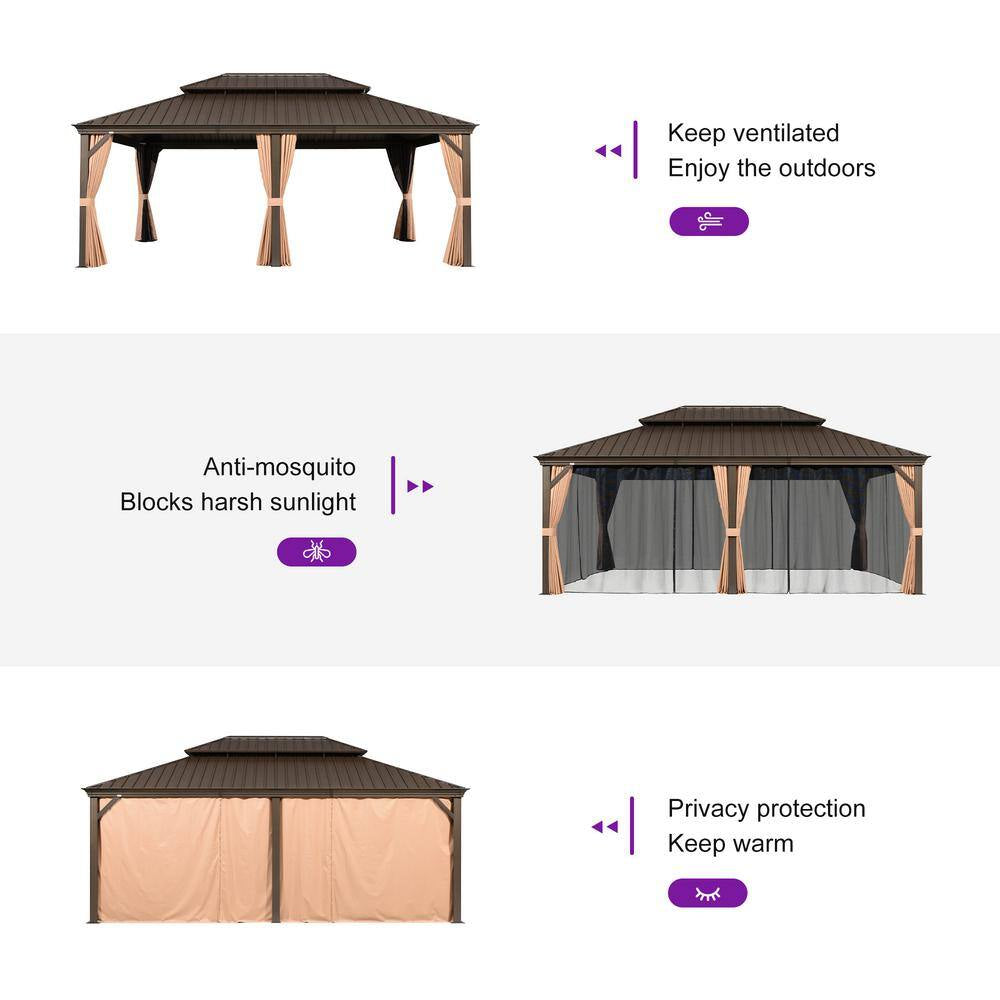 14 Ft.X 20 Ft.Bronze Aluminum Power-Coated Frame Galvanized Steel Double Roof Hardtop Gazebo,Hooks,Netting,Khaki Curtain