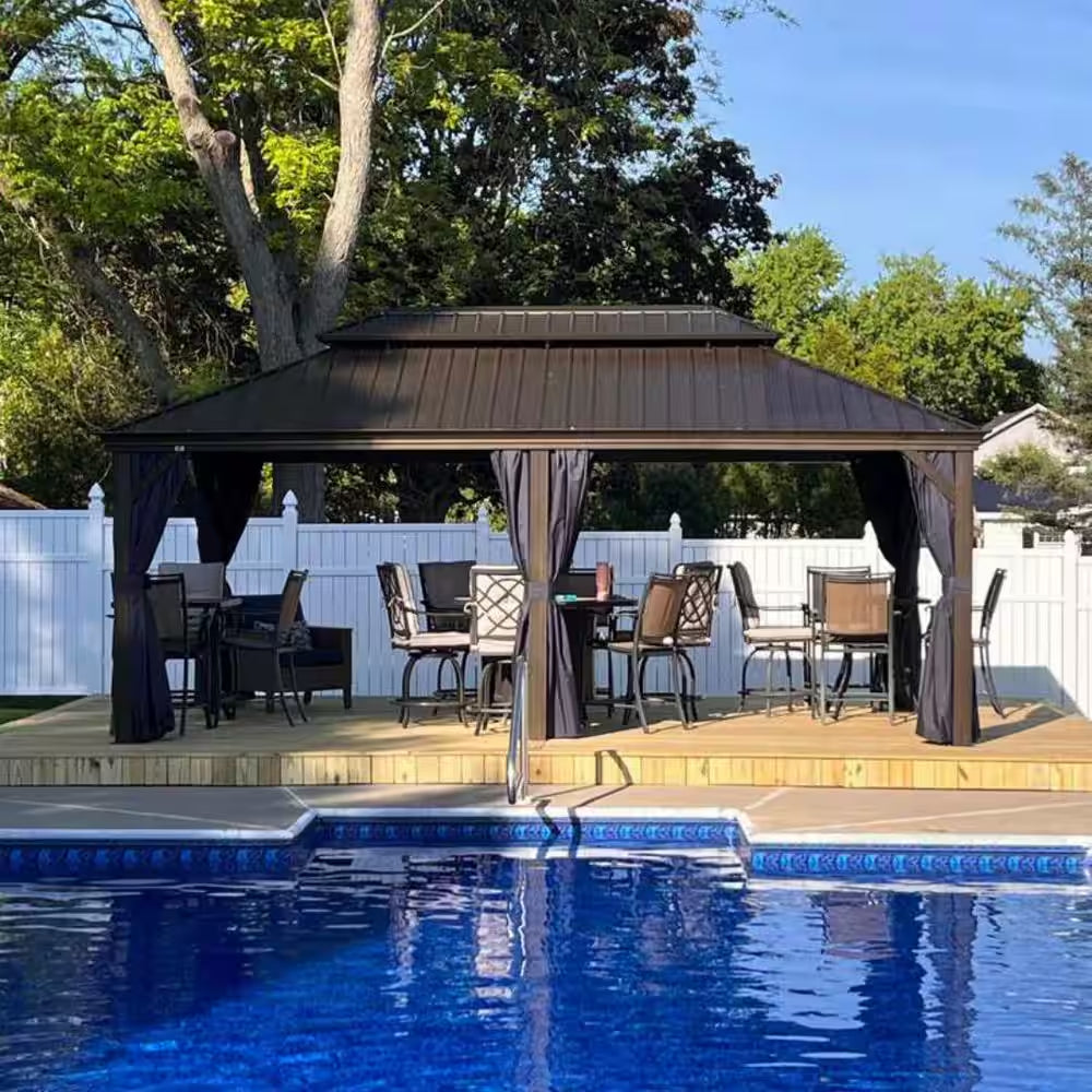 12 Ft. X 20 Ft. Bronze Patio Outdoor Gazebo for Backyard Hardtop Aluminum Frame Hooks, Netting, Blue Curtain, 36-Lights