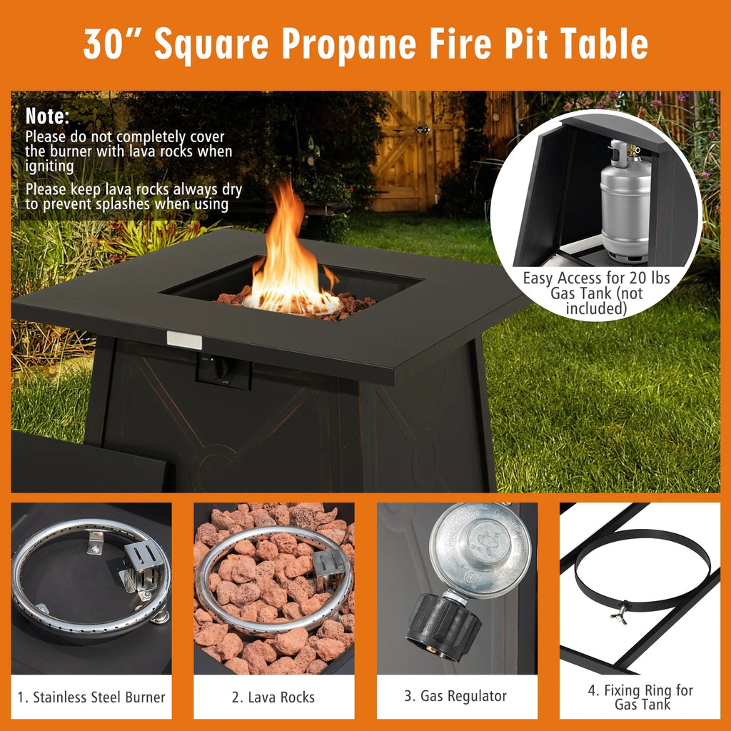 5-Piece Outdoor Patio Furniture Set with 50,000 BTU Propane Fire Pit Table Patio PE Wicker Conversation Set with Cushions Storage Box and Tempered Glass Coffee Table Navy