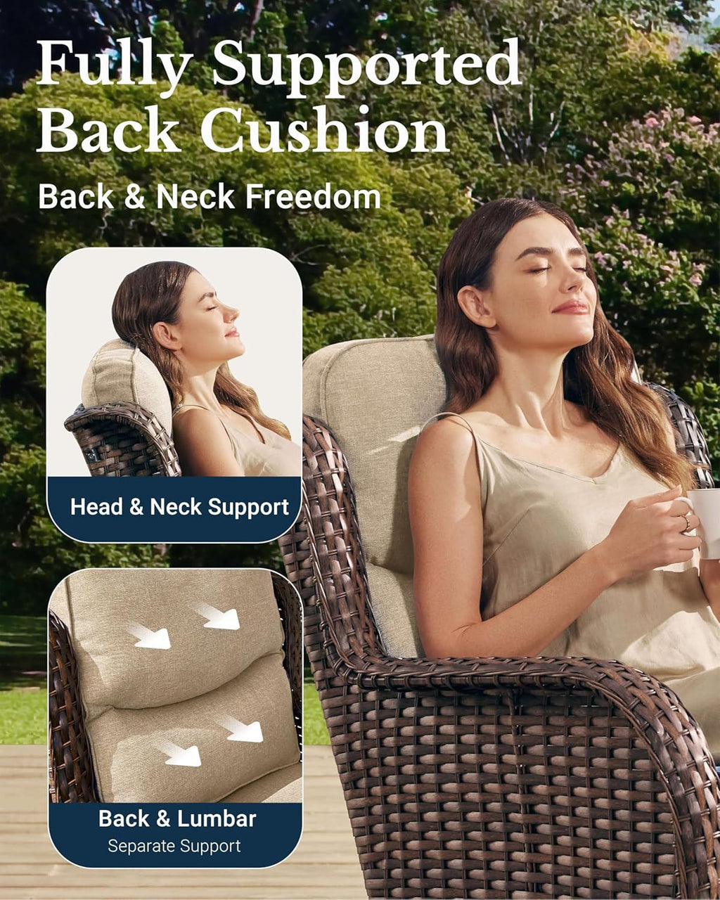 Luxury Outdoor Patio Furniture Set with 6-Inch Thick Cushions, High Back Wicker Swivel Rocker Chairs, 7 Pcs All Weather Conversation Set for Large Deck, Yard and Poolside, Beige (V3)