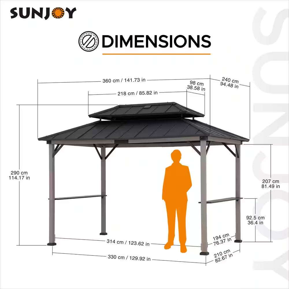 8 Ft. X 12 Ft. Matte Black Churchill Cedar Framed Grill Gazebo with DC Solar Power for Backyard