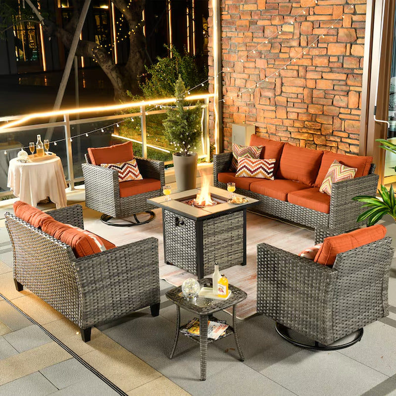 6 -Piece Wicker Patio Sofa Conversation Set with Orange Cushions