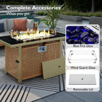43 In. Propane Gas Fire Pit Table, 60000 BTU Rectangular Open Weave Wicker Fire Pit with Glass Wind Guard in Yellow
