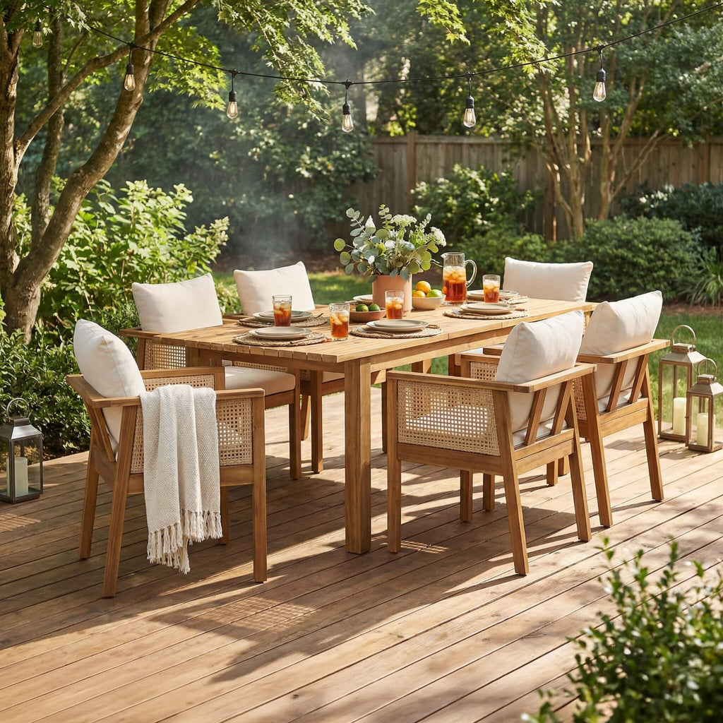 Alora 7-Piece Acacia Wood Outdoor Dining Set With Cushions And Table