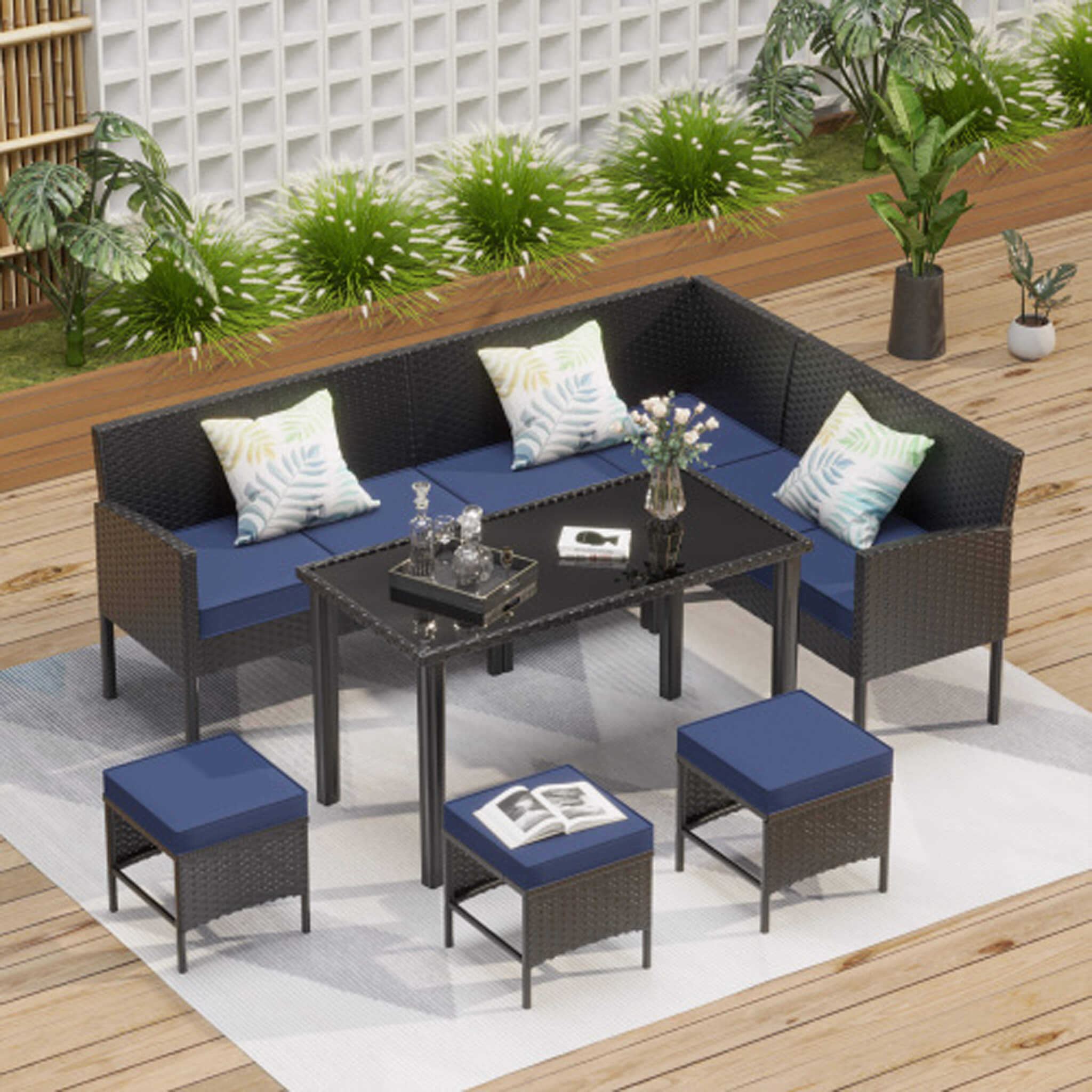 Alora 7-Piece Modern Outdoor Patio Furniture Set With Waterproof Cushions & Glass Table