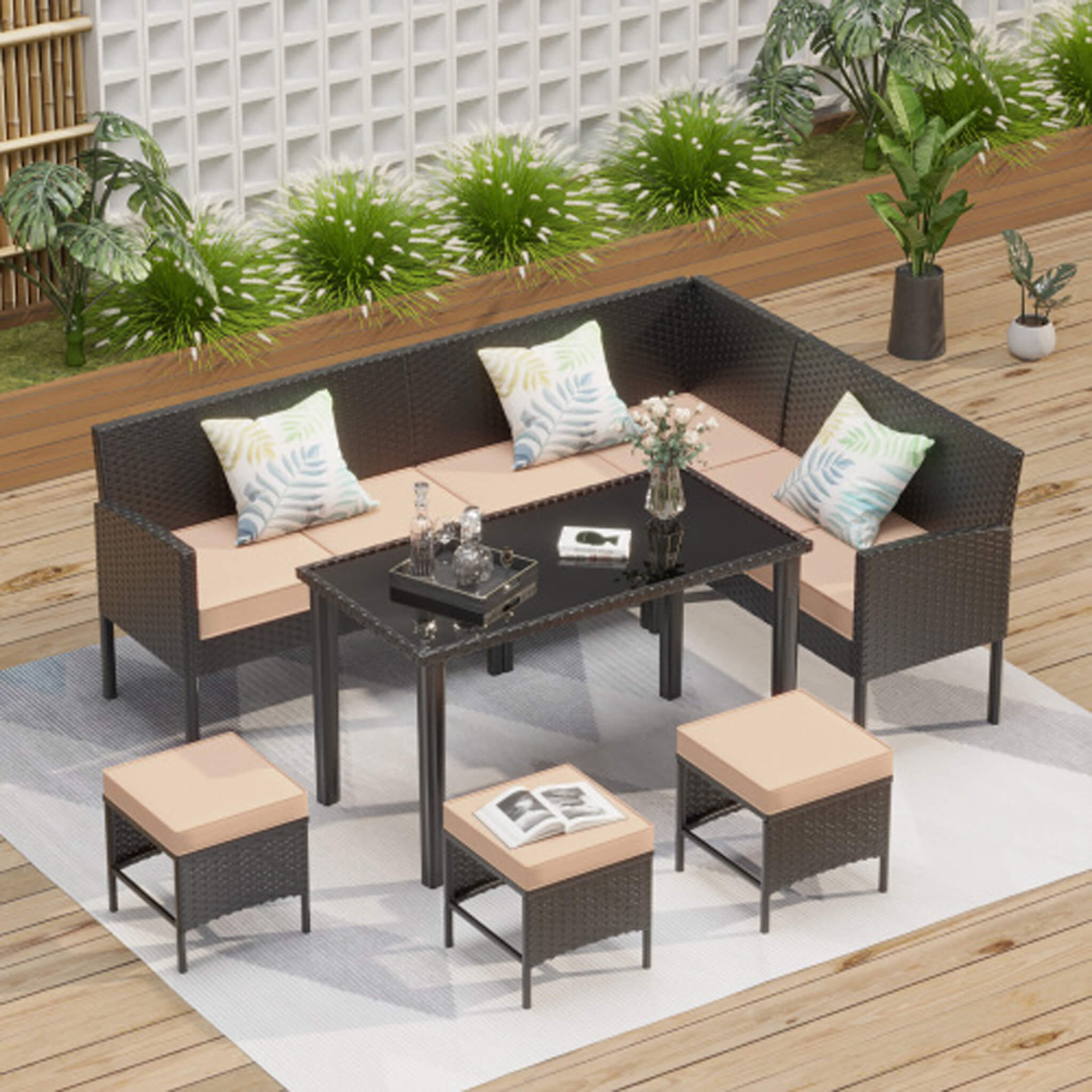 Alora 7-Piece Modern Outdoor Patio Furniture Set With Waterproof Cushions & Glass Table