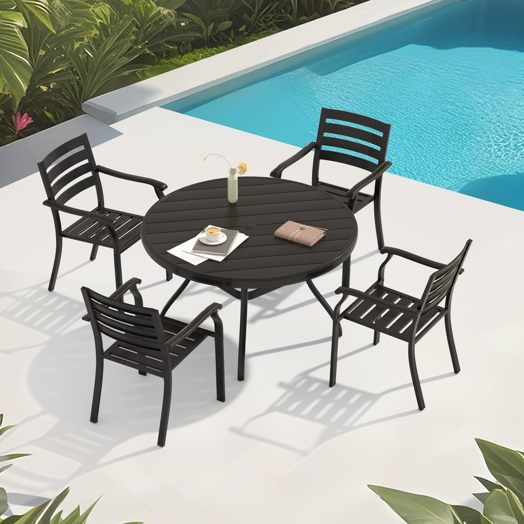 5- Piece Outdoor Patio Dining Set with Stackable Metal Chairs and Round Table