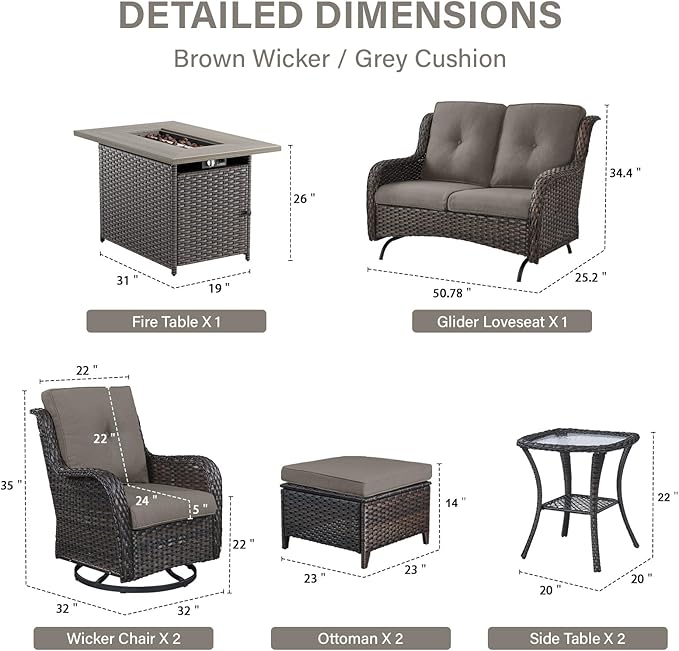 8-Piece Outdoor Patio Furniture Set - 41" CSA Propane Fire Pit Table Patio Conversation Set with Swivel Rocker Outdoor Chairs, Wicker loveseat and Ottoman for Outside Casual Gathering