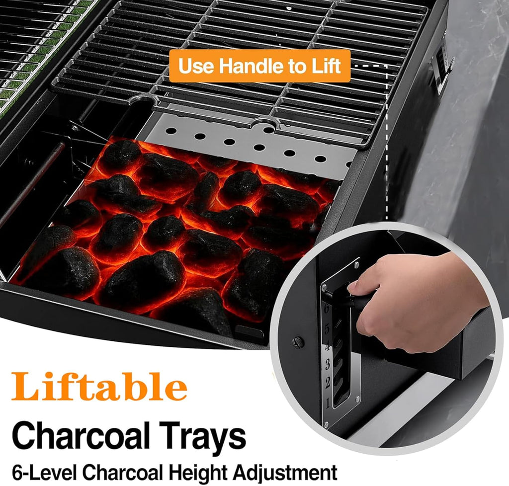 29 In Large Charcoal BBQ Grills, built-in barbecue grill with Liftable Tray, Insulated Hood & Temp Gauge, black Stainless Steel Charcoal BBQ barrel Grill for Outdoor Kitchen Camping park style