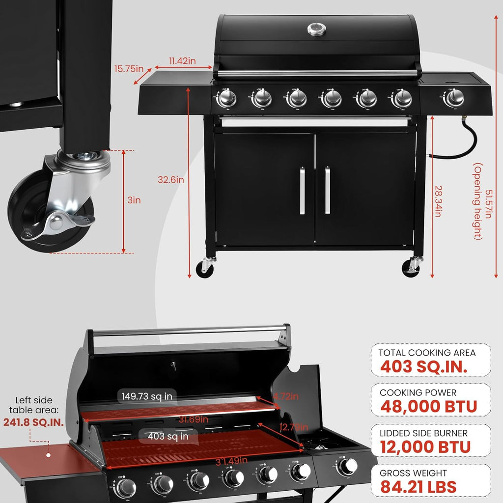 Q032-6-Burner w/Side Burner Gas Grill with 403 SQ.IN. Outdoor Grill with 60,000 BTU, Propane Grills with Top Cover Lid, Grills Outdoor Cooking for Patios, Balcony, Camping, Garden