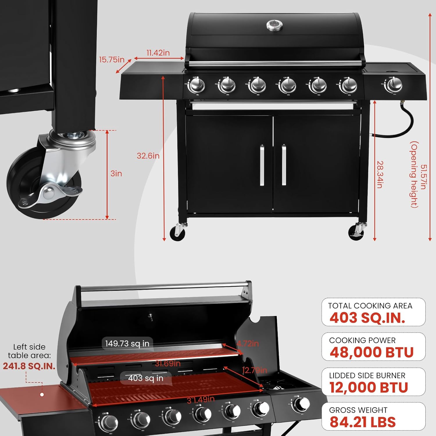 Q032-6-Burner w/Side Burner Gas Grill with 403 SQ.IN. Outdoor Grill with 60,000 BTU, Propane Grills with Top Cover Lid, Grills Outdoor Cooking for Patios, Balcony, Camping, Garden