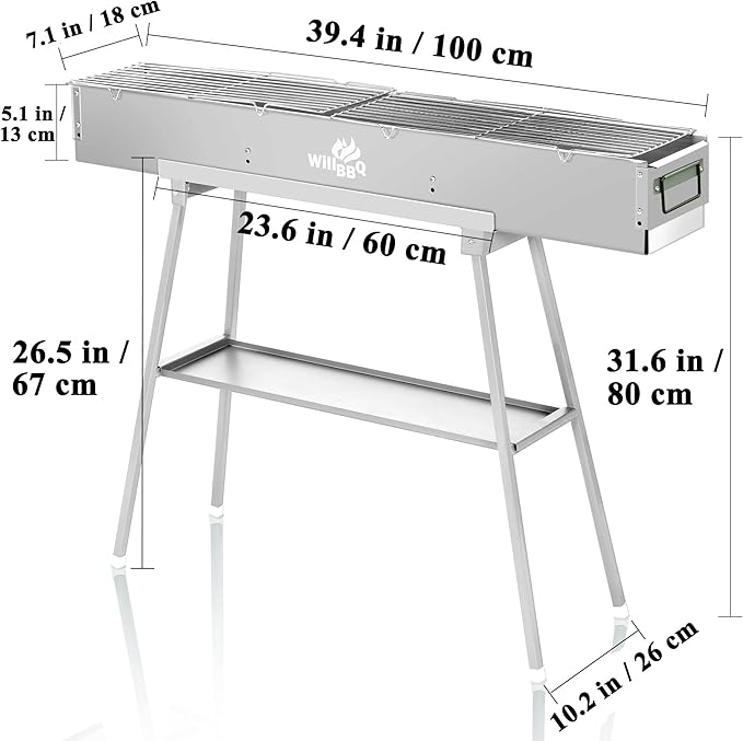 Charcoal Grills Commercial Quality Portable Multiple Size Hibachi BBQ Lamb Skewer Folded Camping Barbecue Grill for Garden Backyard Party Picnic Travel Outdoor Cooking Use (39.4x7.1x5.1 inch)