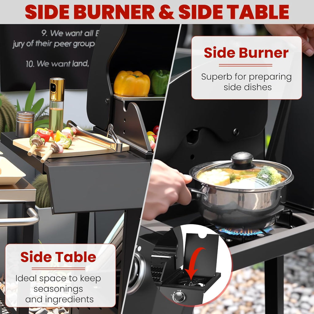 Q032-6-Burner w/Side Burner Gas Grill with 403 SQ.IN. Outdoor Grill with 60,000 BTU, Propane Grills with Top Cover Lid, Grills Outdoor Cooking for Patios, Balcony, Camping, Garden